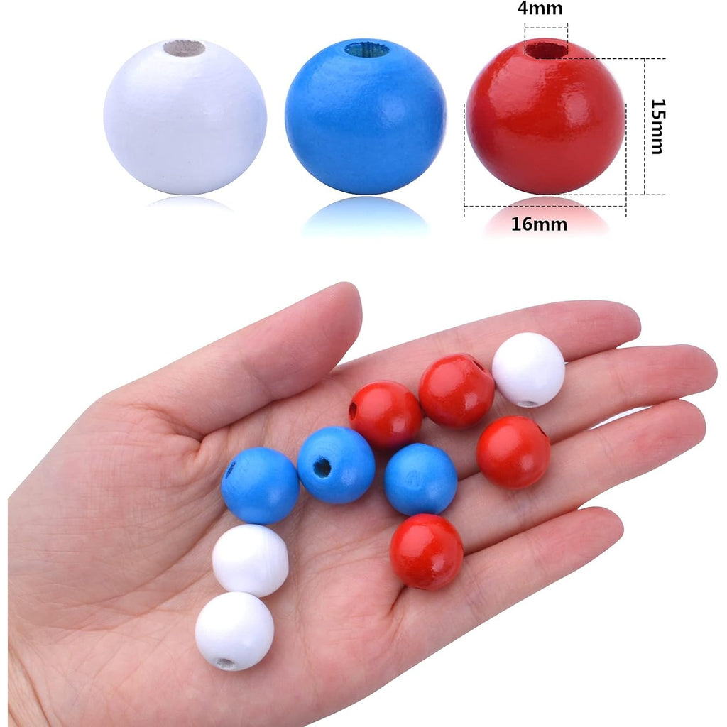 120pcs Independence Day Natural Wood Beads 16mm Patriotic Round Wooden Beads Red White Blue Wood Ball Beads Loose Beads for 4th of July Garland Home Decoration Jewelry Making