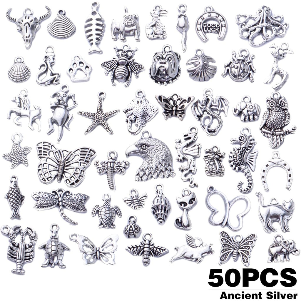 50pcs Antique Silver Animal Charms Alloy Dragon Monkey Fish Turtle Octopus Insect Charm Pendants Craft Supplies for Jewelry DIY Earrings Necklace Bracelet Making Accessories