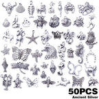 50pcs Antique Silver Animal Charms Alloy Dragon Monkey Fish Turtle Octopus Insect Charm Pendants Craft Supplies for Jewelry DIY Earrings Necklace Bracelet Making Accessories