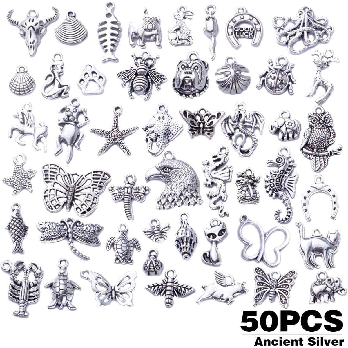 50pcs Antique Silver Animal Charms Alloy Dragon Monkey Fish Turtle Octopus Insect Charm Pendants Craft Supplies for Jewelry DIY Earrings Necklace Bracelet Making Accessories