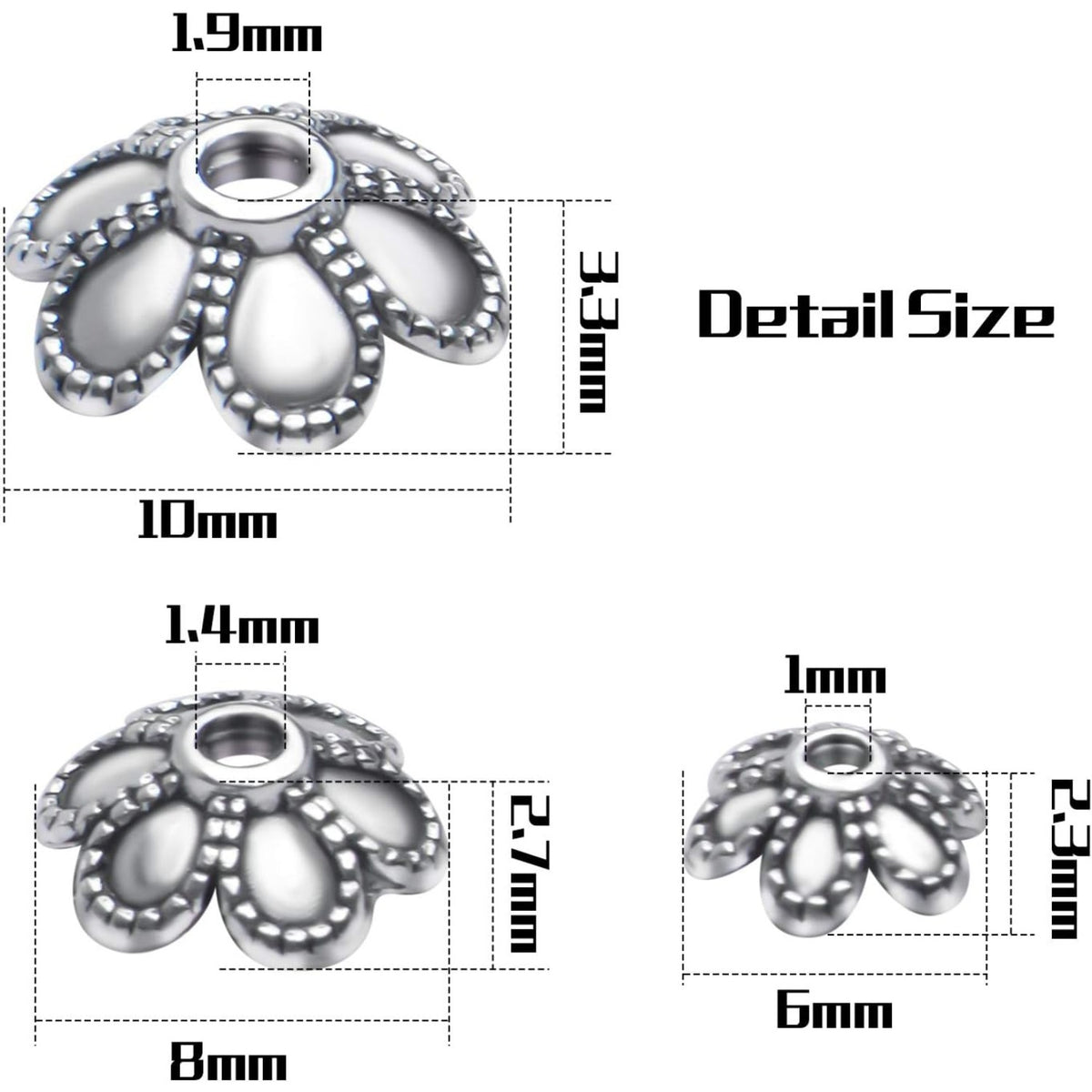 Antique Silver Flower Bead Caps, 200 Pcs Tibetan End Caps Metal Spacers for Jewelry Making, 6mm, 8mm, 10mm