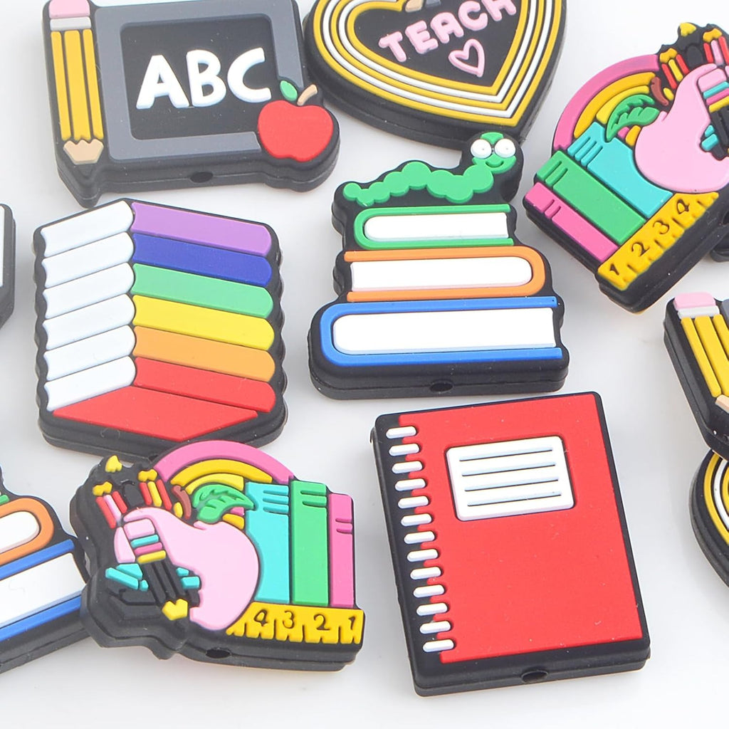 12Pcs Teacher Silicone Beads, School Pencil Blackboard Book Characters Floral Rubber Loose Spacer Beads Bulk for Necklaces Bracelets Keychain DIY Jewelry Making Crafts