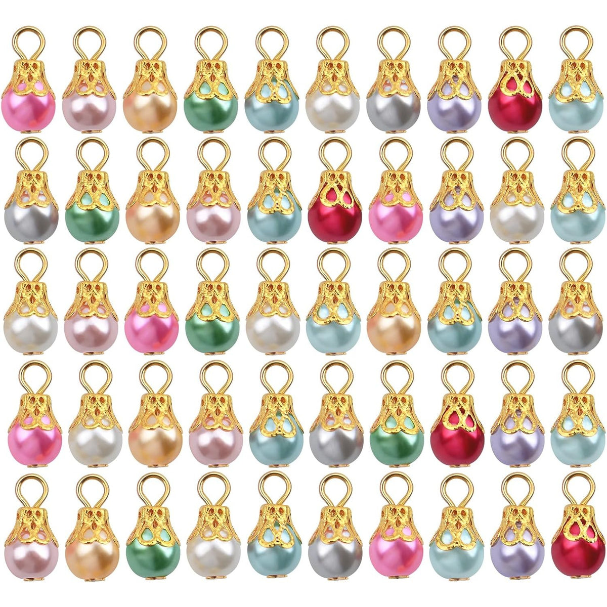 50pcs Imitation Pearl Dangle Charms Golden Filigree Flower Cap Drop Bead Pendants Jewelry Accessories for DIY Necklace Earrings Birthday Party Gifts, 10 Colors