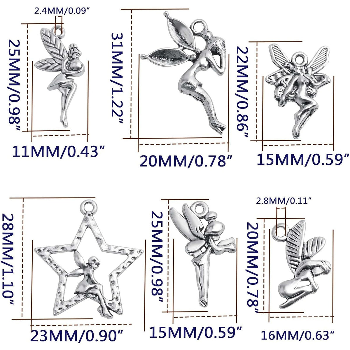 60pcs Antique Silver Angel Charms Vintage Alloy Fairy on Star Pendants Angel Fairy Dangle Charms Crafts Supplies for DIY Necklace Bracelet Earrings Jewelry Making, 6 Styles