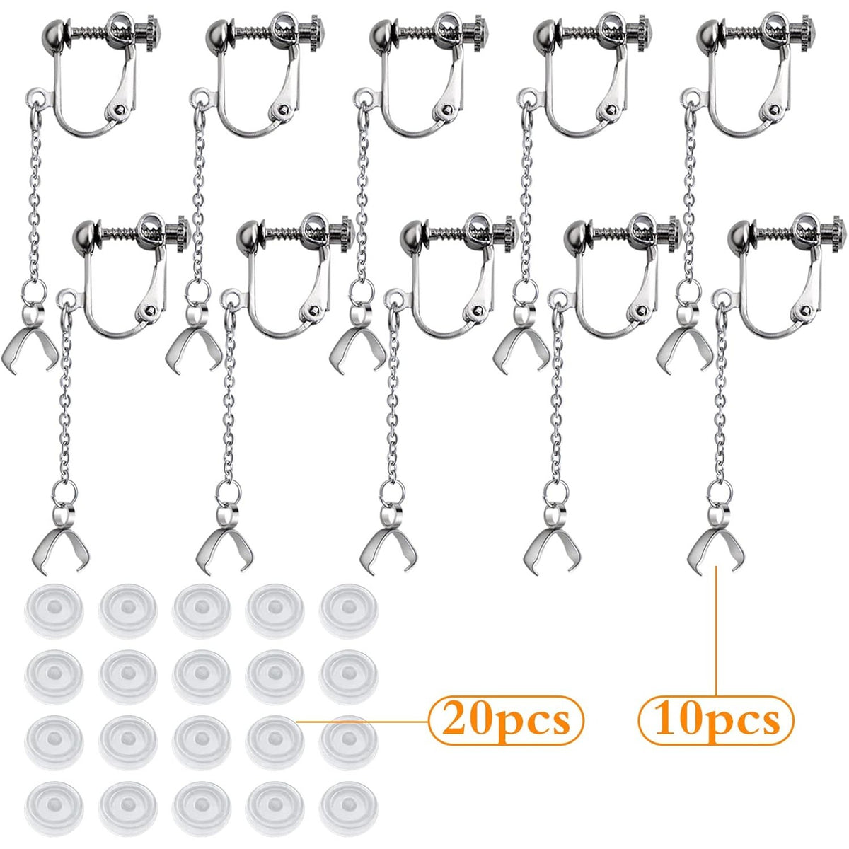 10pcs Hypoallergenic Stainless Steel Earring Hooks Screw Earring Clip Converters with Beaded Chains Pinch Clasps and 20pcs Clear Earring Backs for DIY Jewelry Making Findings