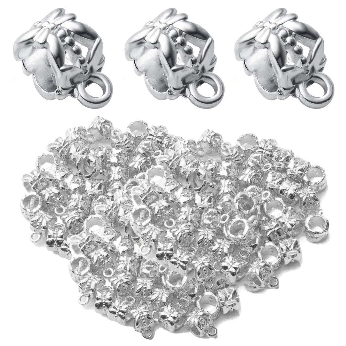 100pcs Bail Beads Alloy European Style Bail Beads with Charm Loop Connector Spacer Beads Jewelry Tube Bails Beads for DIY Bracelet Necklace Jewelry Crafts Making Supplies