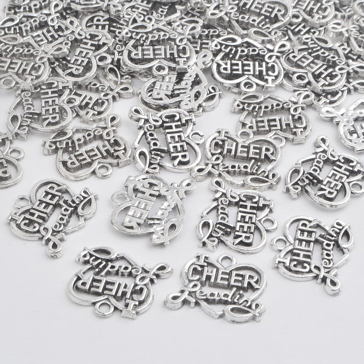 50pcs Antique Silver Heart Shape Cheerleading Charms Tibetan Alloy I Love Cheer Leading Pendants Craft Supplies for DIY Necklace Bracelet Jewelry Making Cheerleader Gifts