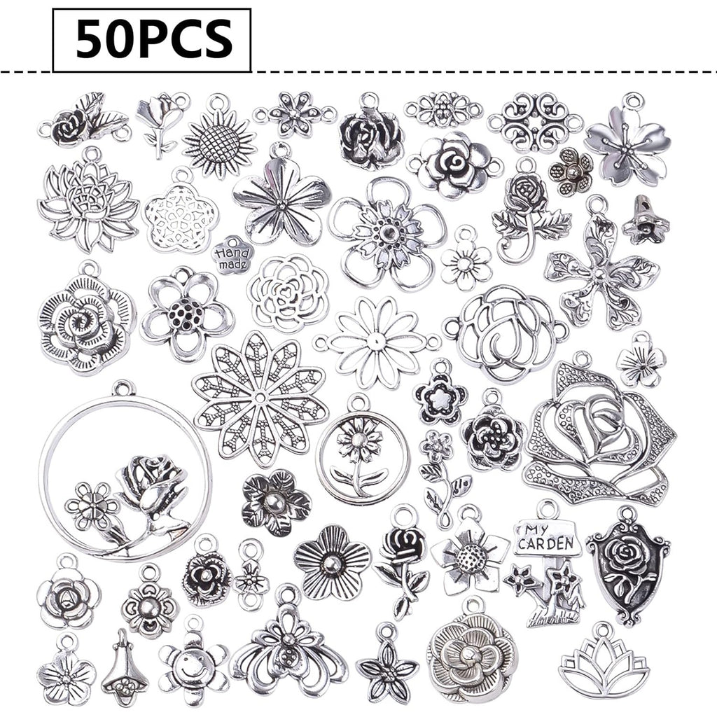 50pcs Mixed Styles Rose Flower Charms Tibetan Alloy Romantic Pendants Flower Beads Connectors Charms for DIY Necklace Bracelet Jewelry Making Birthday Christmas Valentine's Favor