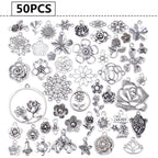 50pcs Mixed Styles Rose Flower Charms Tibetan Alloy Romantic Pendants Flower Beads Connectors Charms for DIY Necklace Bracelet Jewelry Making Birthday Christmas Valentine's Favor