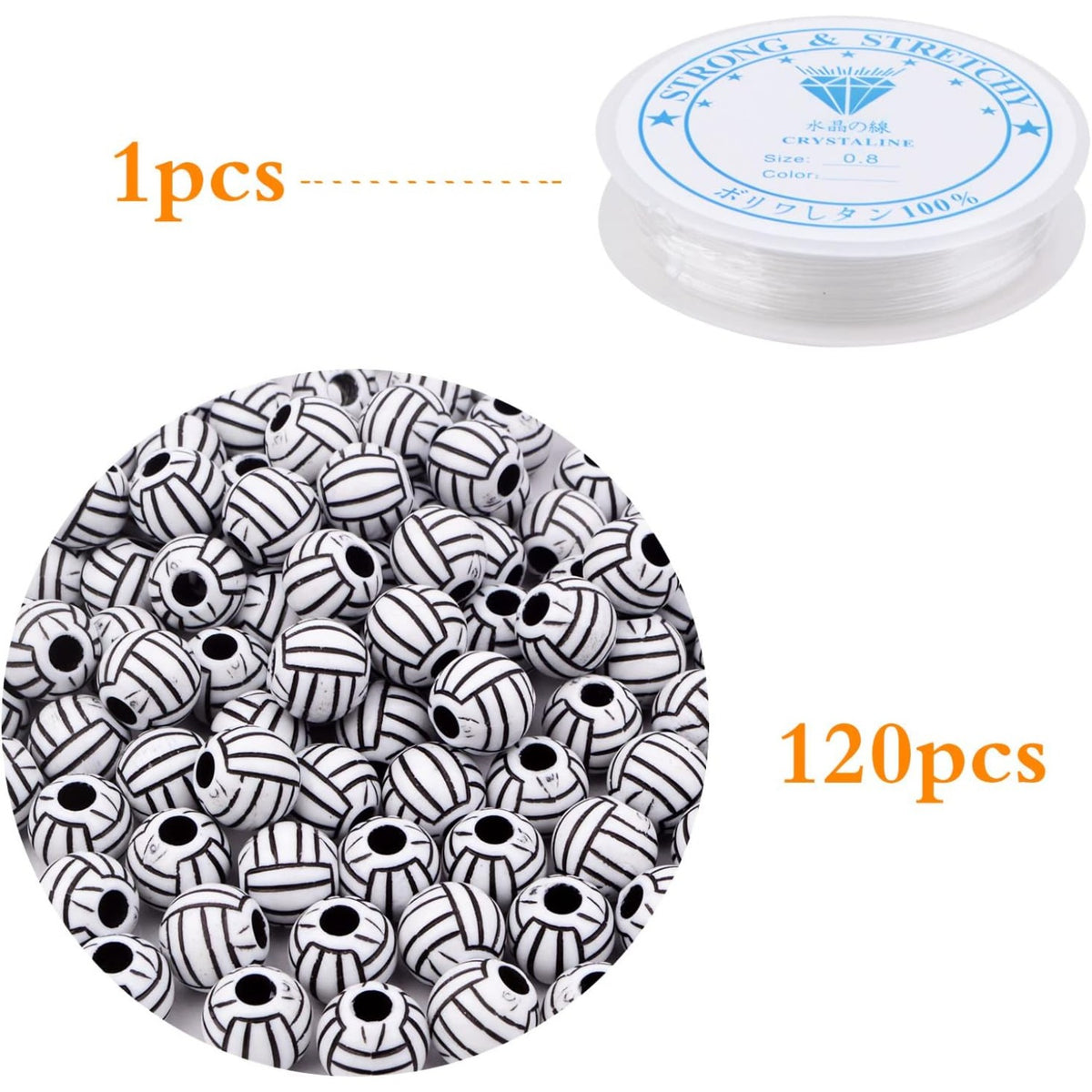 120 Pieces Volleyball Spacer Beads Acrylic Sport Ball Beads with Large Hole and A Roll of Elastic Crystal String for DIY Necklace Bracelet Keychains Hair Ties Crafts