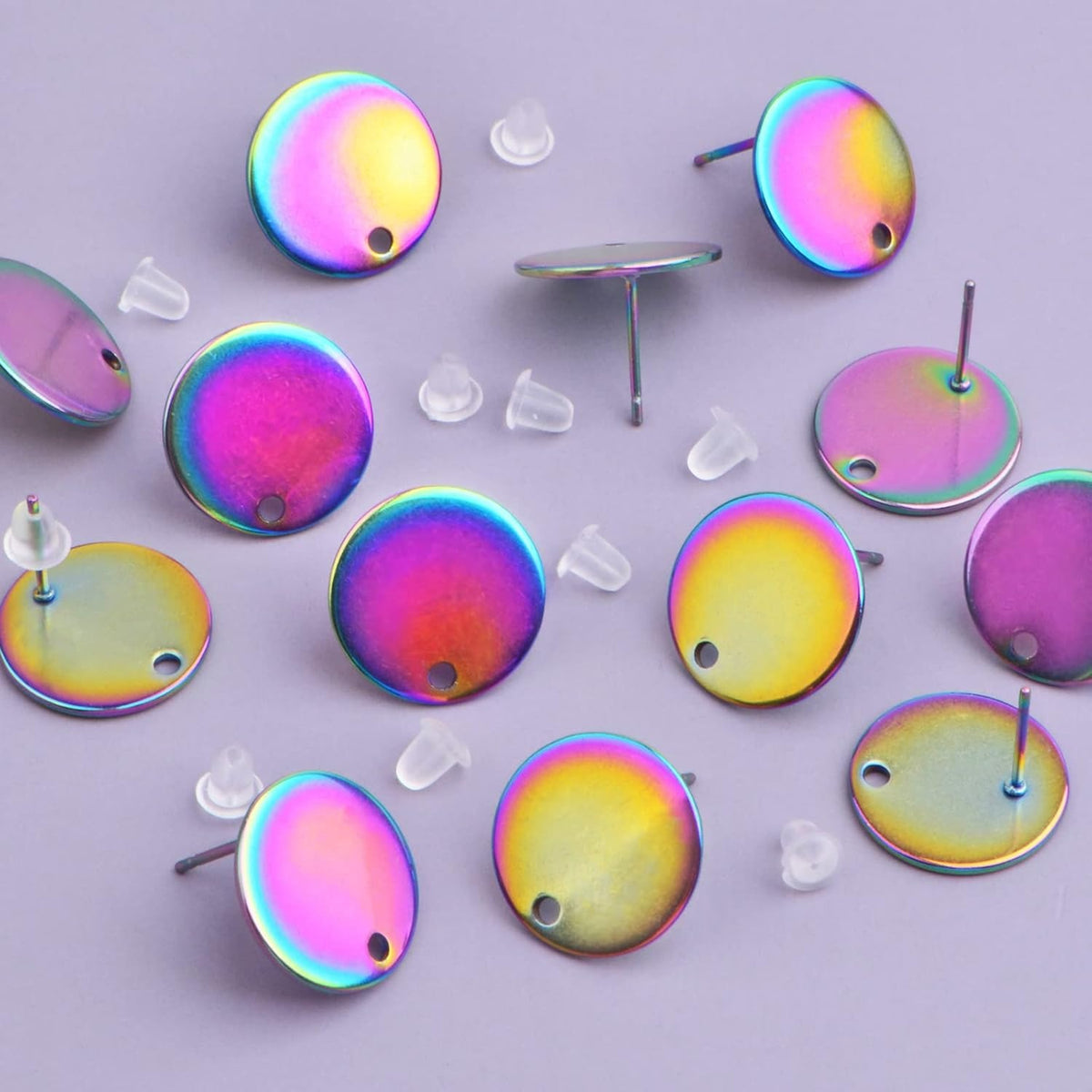 40pcs Stainless Steel Earring Posts with Loop Blank Round Stud Earring Findings and 40pcs Clear Earring Backs Stoppers for DIY Jewelry Making Supplies, Rainbow Color