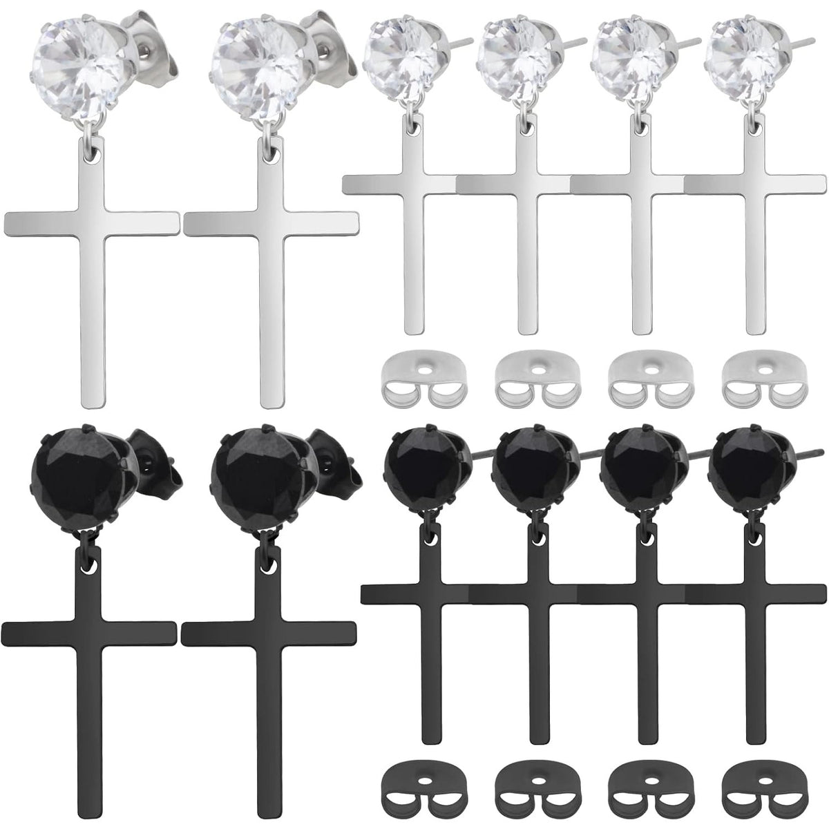 12pcs Hypoallergenic Cubic Zirconia Cross Stud Earrings Stainless Steel Dangle Earrings Rhinestone Cross Drop Charms Hoop Earrings for Women Men Earrings Making, 2 Colors