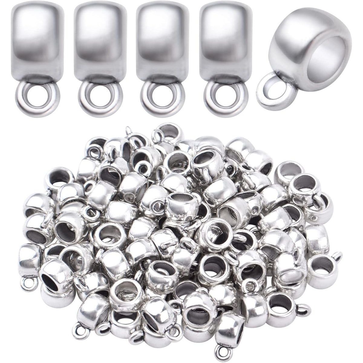 100pcs Antique Silver Bail Tube Beads Tibetan Alloy Tube Spacer Beads Vintage Hanger Dangle Connector Links for DIY European Charm Bracelet Jewelry Making Accessories