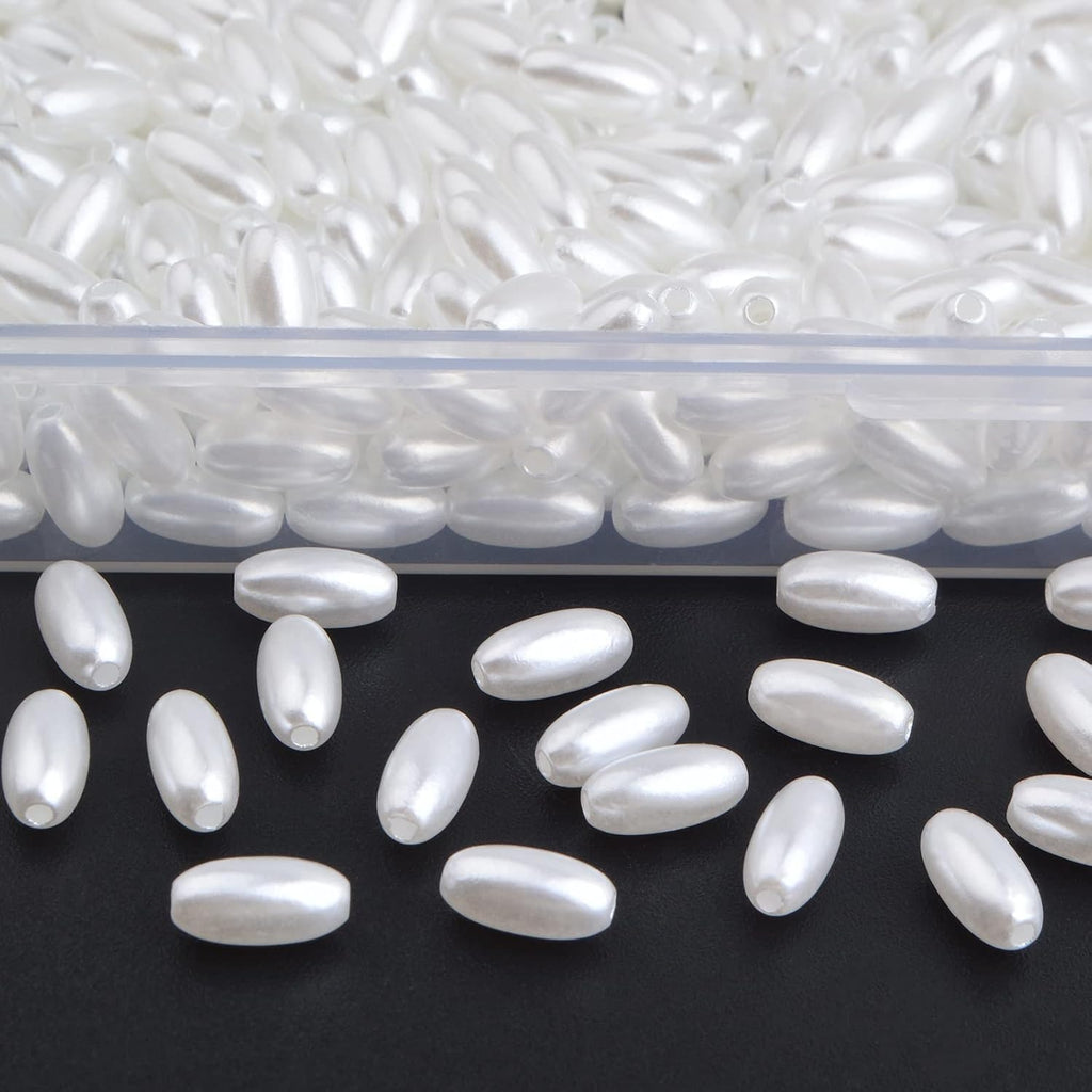 1000pcs White Long Pearl Beads Smooth Ball Imitation Pearl Beads Plastic Oval Rice Shape Spacer Beads with a Plastic Box for DIY Bracelets Jewelry Making Craft Decoration