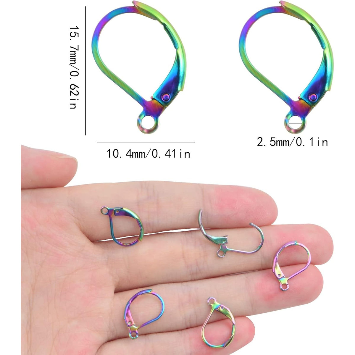 50pcs Stainless Steel Leverback Earring Hooks Hypoallergenic D Shape French Earwire Hooks Dangle Earring Findings for DIY Jewelry Making Supplies, Rainbow Color