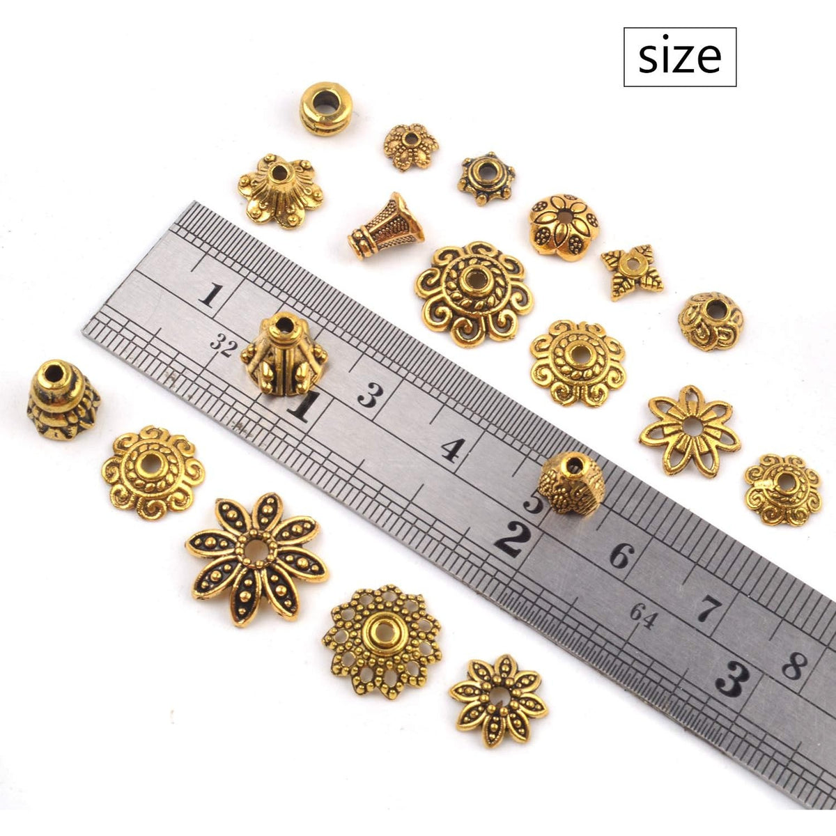 100 Gram(About 250-350pcs) Bali Style Jewelry Making Metal Bead Caps Deluxe New Mix,Antique Gold