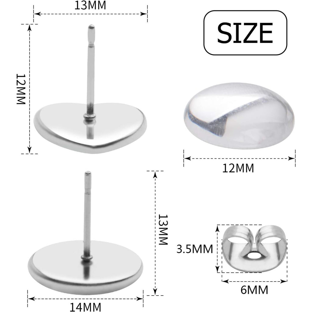 60pcs Stainless Steel Earring Bezels Stud Earring Cabochon Post Cups with 60pcs Clear Glass Cabochon and 60pcs Butterfly Earring Backs