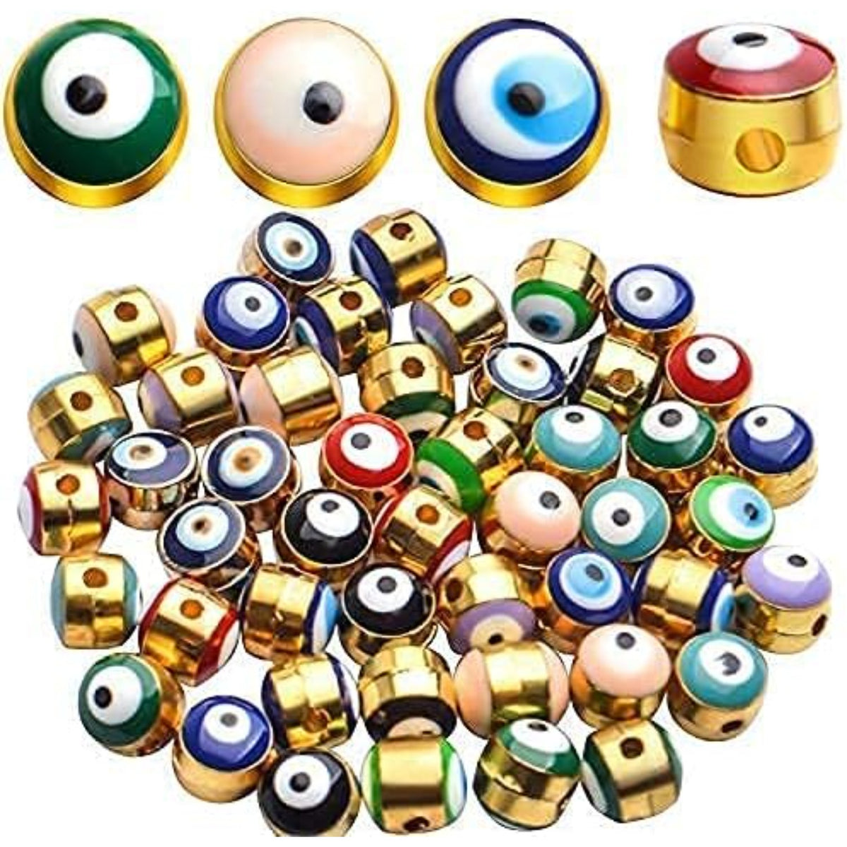 50pcs Enamel Evil Eye Beads Assorted Colors Round Golden Evil Eye Loose Charm Spacer Beads for DIY Necklace Bracelet Crafts Jewelry Making