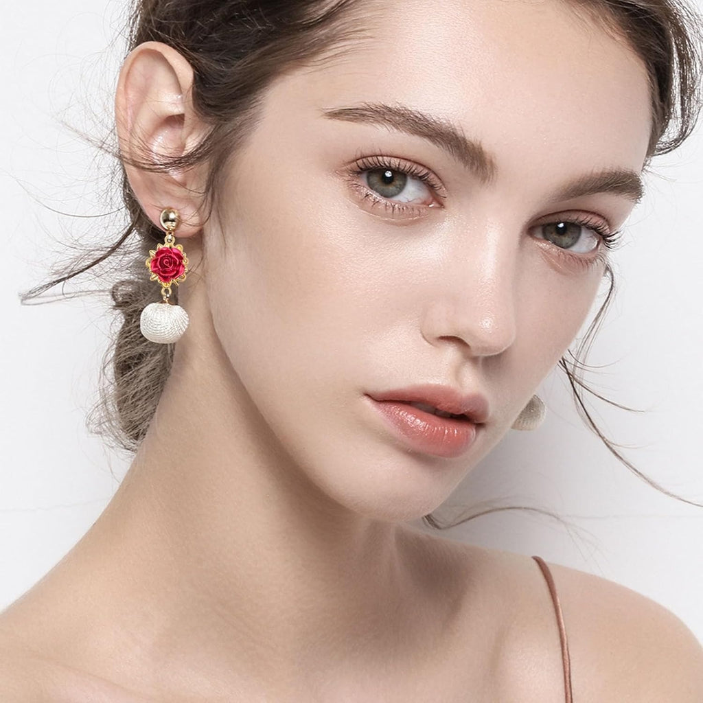 20pcs KC Golden Plated Red Rose Charms Connectors Alloy Lovely 3D Roseflower Shape Dangle Pendants with Double Holes for DIY Necklaces Earrings Jewelry Making Valentine's Gifts