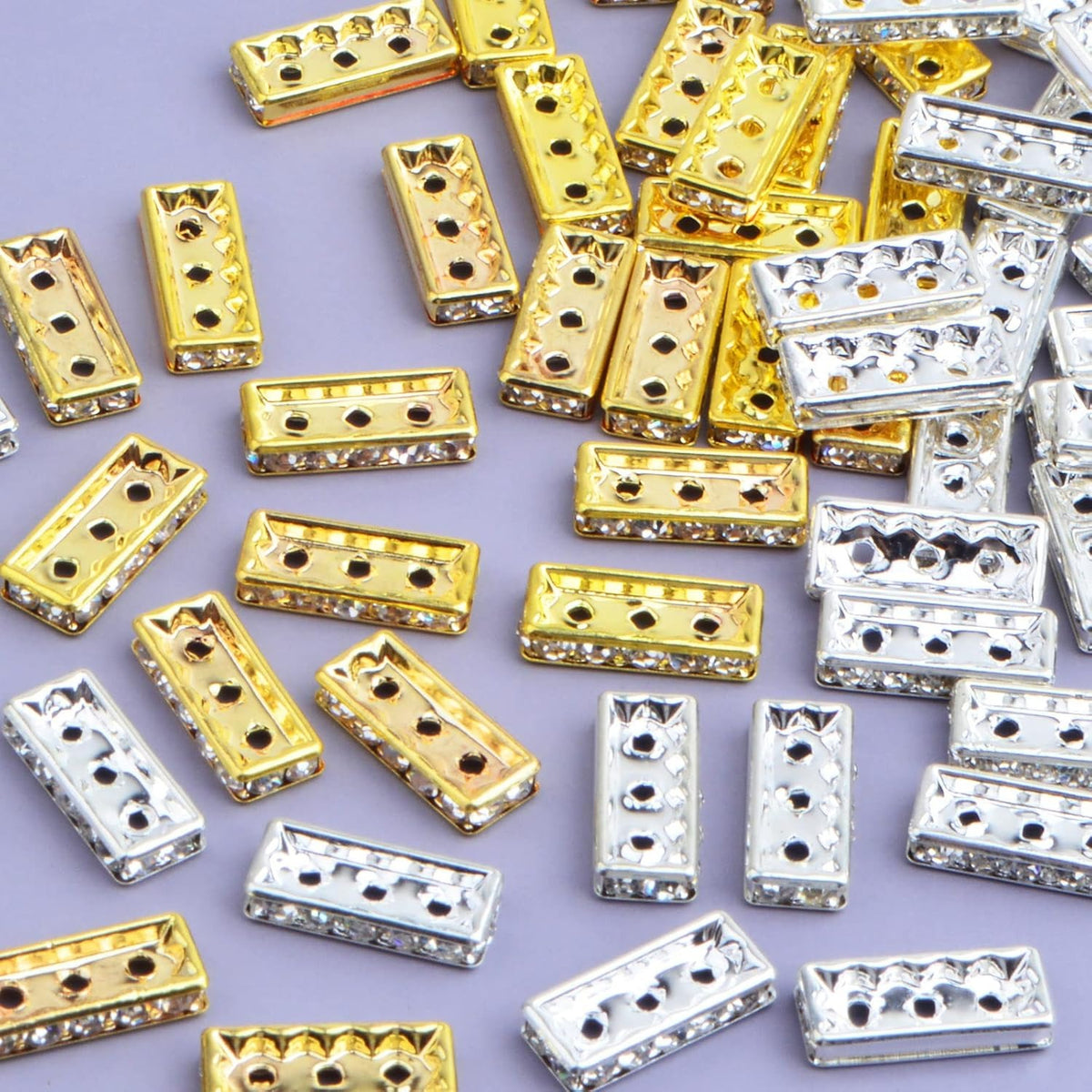 60pcs Brass Rhinestone Spacer Bar Beads Square 3 Holes Crystal Spacer Bar Link Connectors Craft Accessories for DIY Multi Strands Bracelet Jewelry Making, 2 Colors
