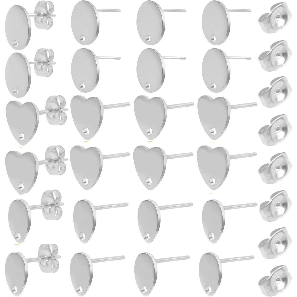 24pcs 3 Styles Stainless Steel Earring Posts with Loop Blank Round Heart Teardrop Shape Stud Earrings and 24pcs Butterfly Earring Backs for DIY Jewelry Making Supplies, 2 Colors