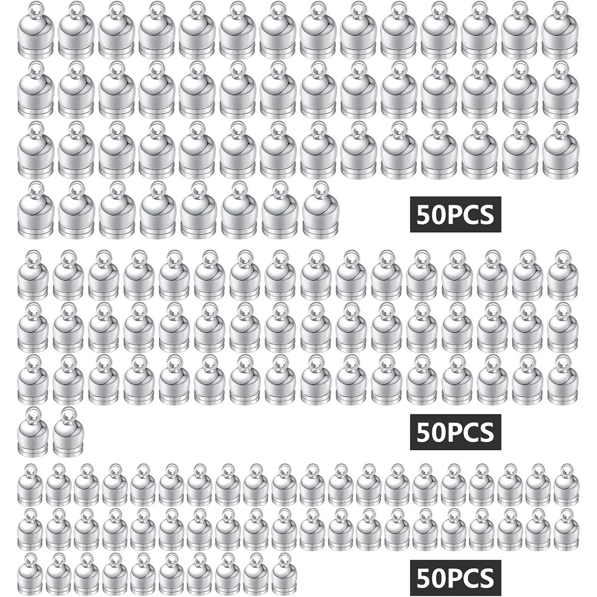 150pcs 3 Sizes Cord End Caps Plastic Glue-in Barrel End Caps Cord Ends Connectors Leather Cord Findings Kit for DIY Tassel Bracelet Necklace Crafts Jewelry Making, Silver