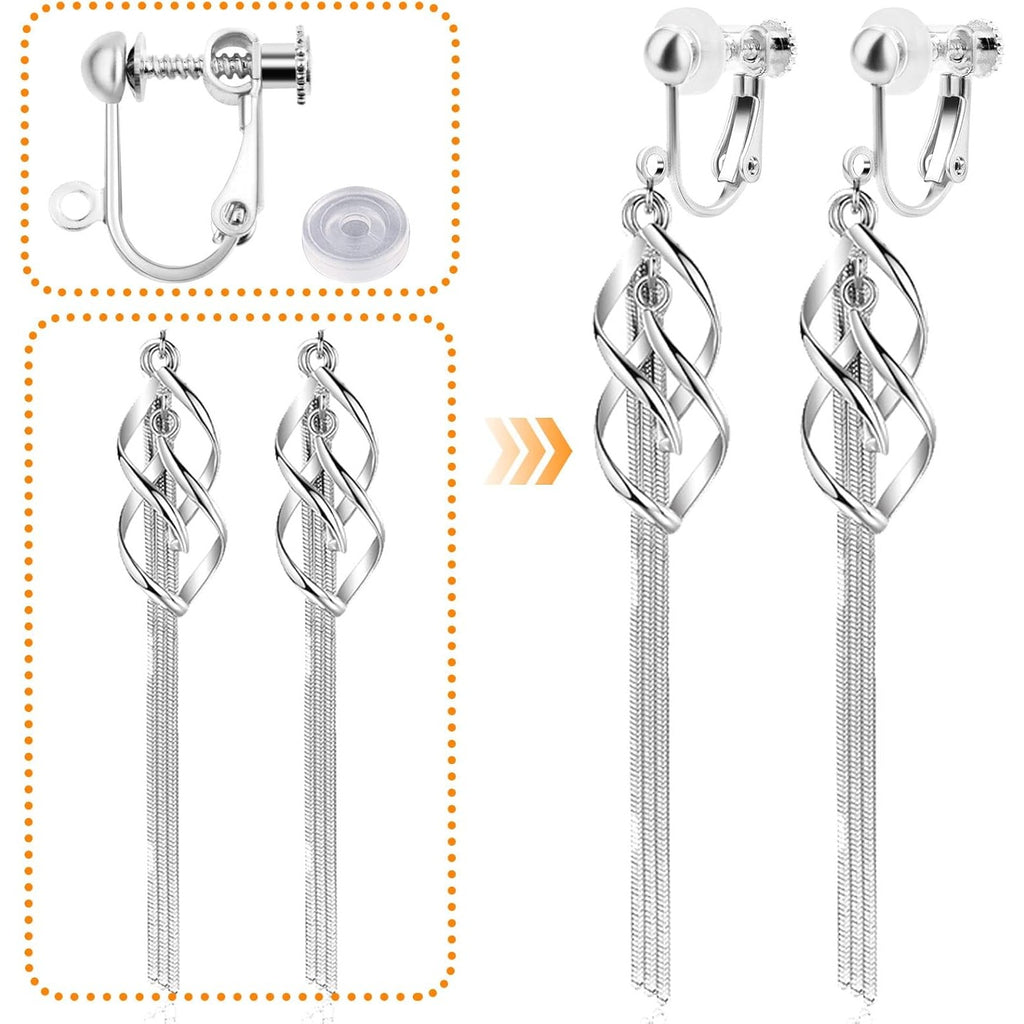 24pcs Clip-on Earring Converters Brass Screw Back Earwire Non Pierced Earring Components with Loop and 24pcs Anti-Pain Ear Pads for DIY Jewelry Making, Bright Silver