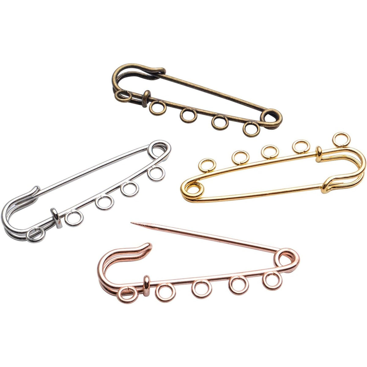 Heavy Duty Alloy Safety Pins - 20pcs Bulk Pack with 5 Loops - Gold, Silver, Antique Bronze, Rose Gold - 50x15mm