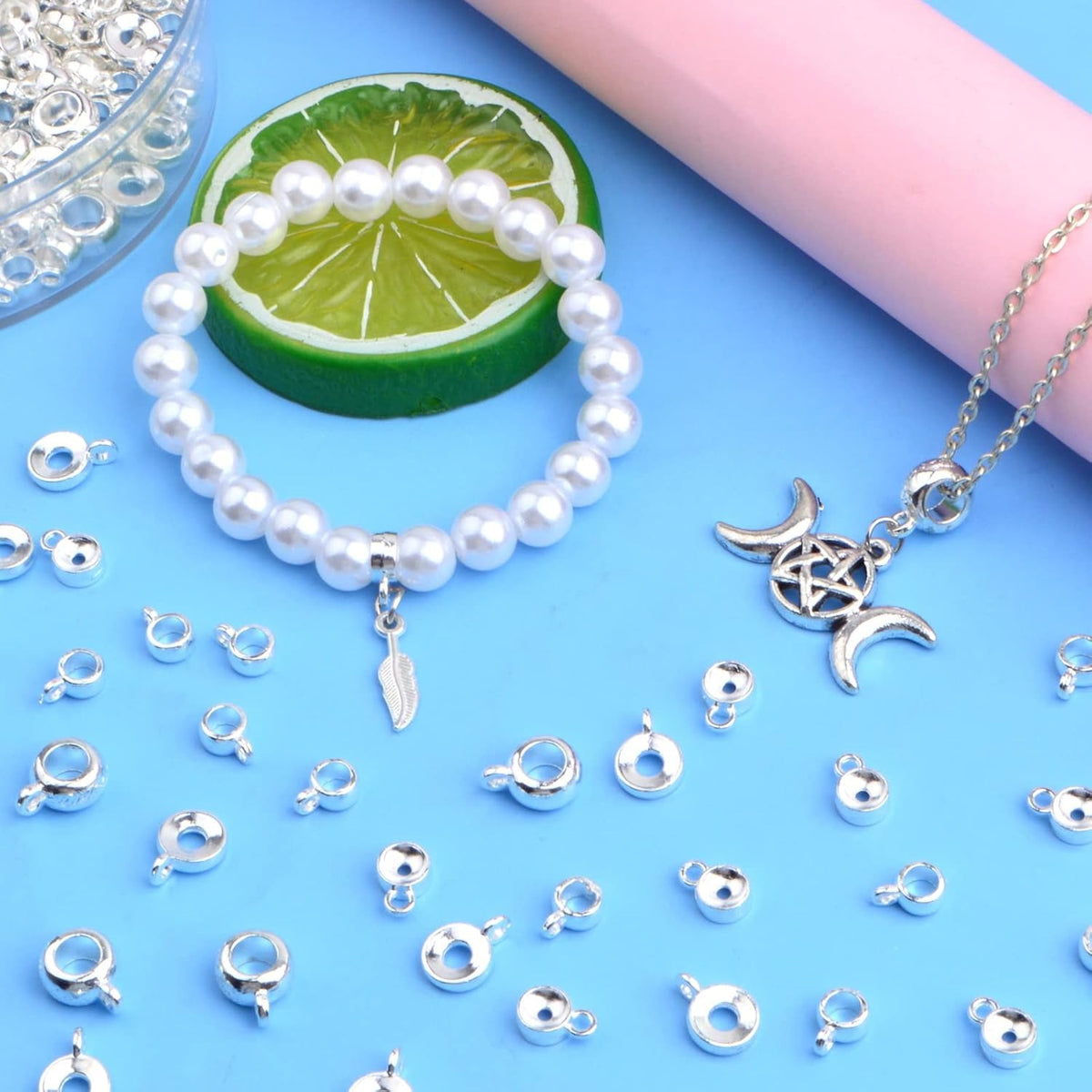 100 Gram 4 Styles Bail Tube Beads Alloy Bail Beads Connectors Spacer Bead Hanger Links Charms for DIY European Bracelet Jewelry Making Supplies, Bright Silver