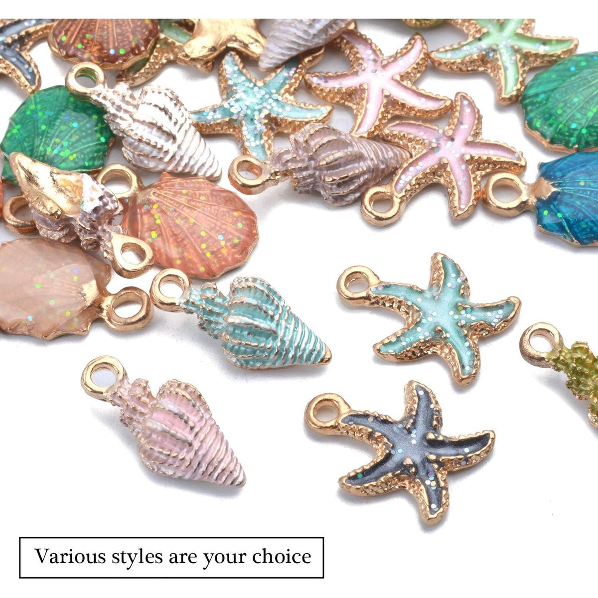 30pcs Assorted Charm Pendants Lovely Gold Plated Enamel Marine Life Shell Starfish Conch Mixed for Jewelry Making