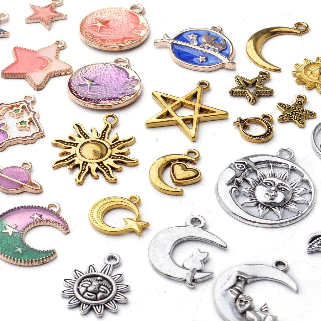 170pcs Jewelry Celestial Charm Pendants, Assorted Gold Plated Enamel Moon Star Charms, Mixed Styles Alloy Sun Moon Star Charms Pendants DIY for Bracelet Necklace Earring Jewelry Making and Crafting