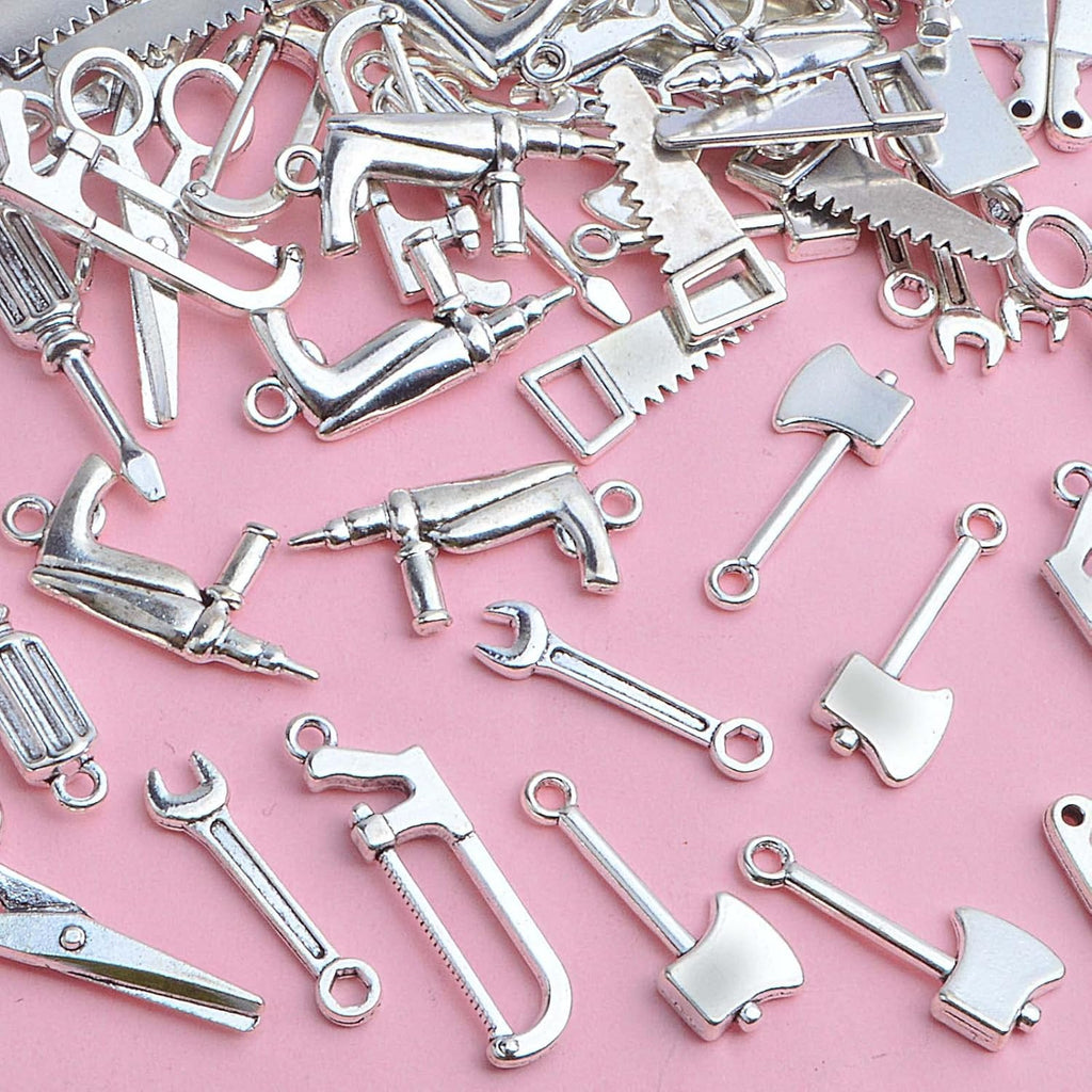 60pcs 10 Styles Antique Silver Mixed Home Tool Charms Tibetan Alloy Scissor Hammer Axe Wrench Kitchen Knife Pendants Living Tools Daily Supplies for DIY Jewelry Making Crafting