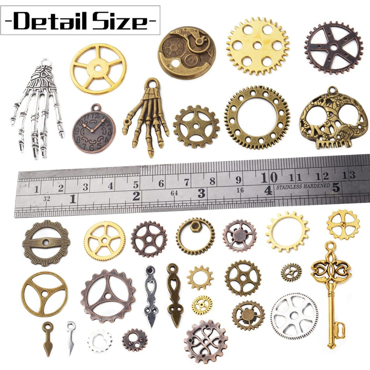 100g(Approx 76pcs) Assorted Colors Antique Metal Steampunk Clock Gear Cog Wheel Skull Key Skull Hand Safety Pin Charms Pendant Jewelry Charms for Craft Jewelry Making Accessory