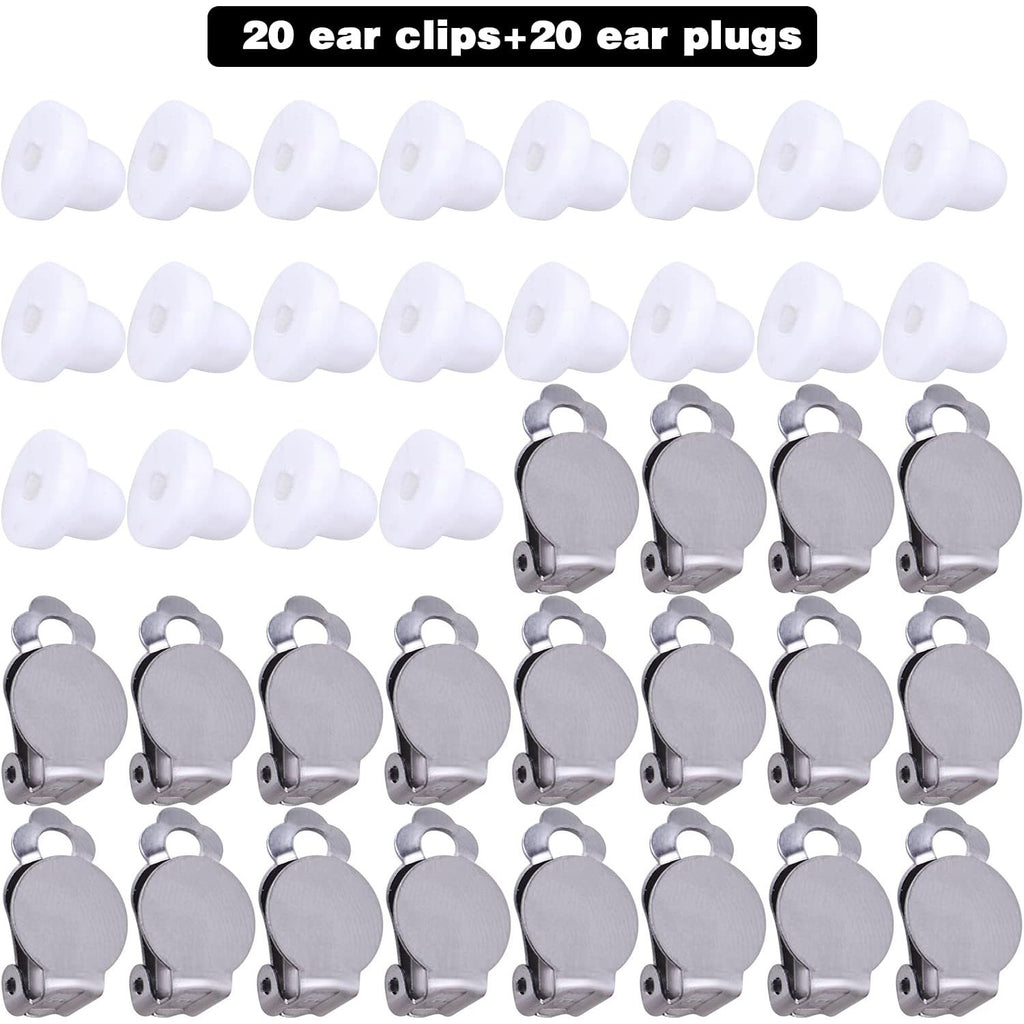 20pcs Round Flat Back Tray Earring Clips Stainless Steel Non-Pierced Earrings Converter Components with 20pcs Silicone Earring Findings Pad Base for DIY Jewelry Making