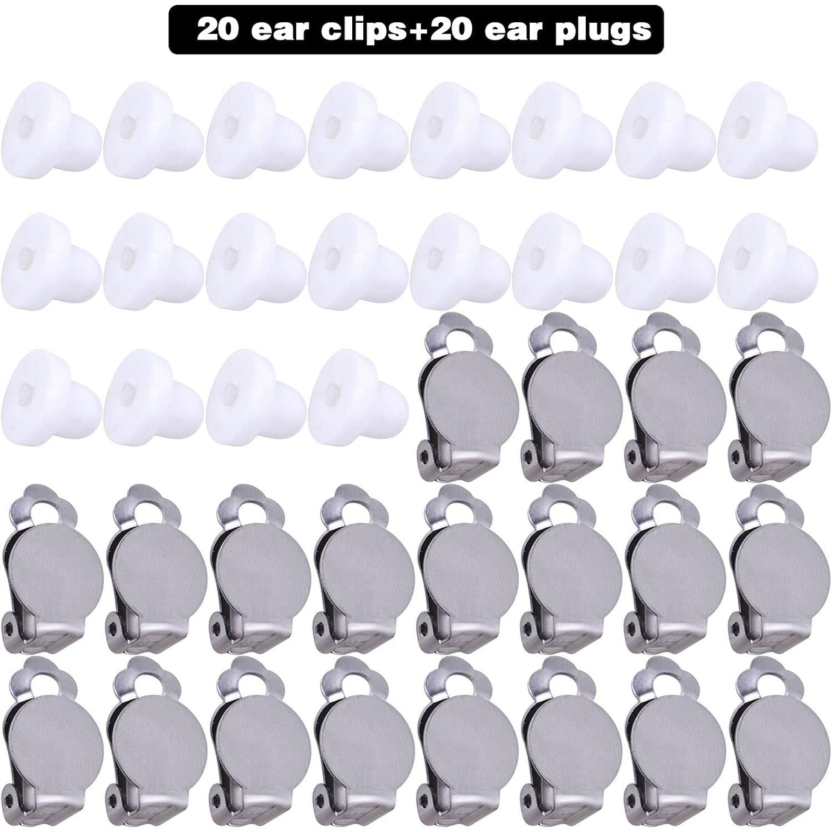 20pcs Round Flat Back Tray Earring Clips Stainless Steel Non-Pierced Earrings Converter Components with 20pcs Silicone Earring Findings Pad Base for DIY Jewelry Making