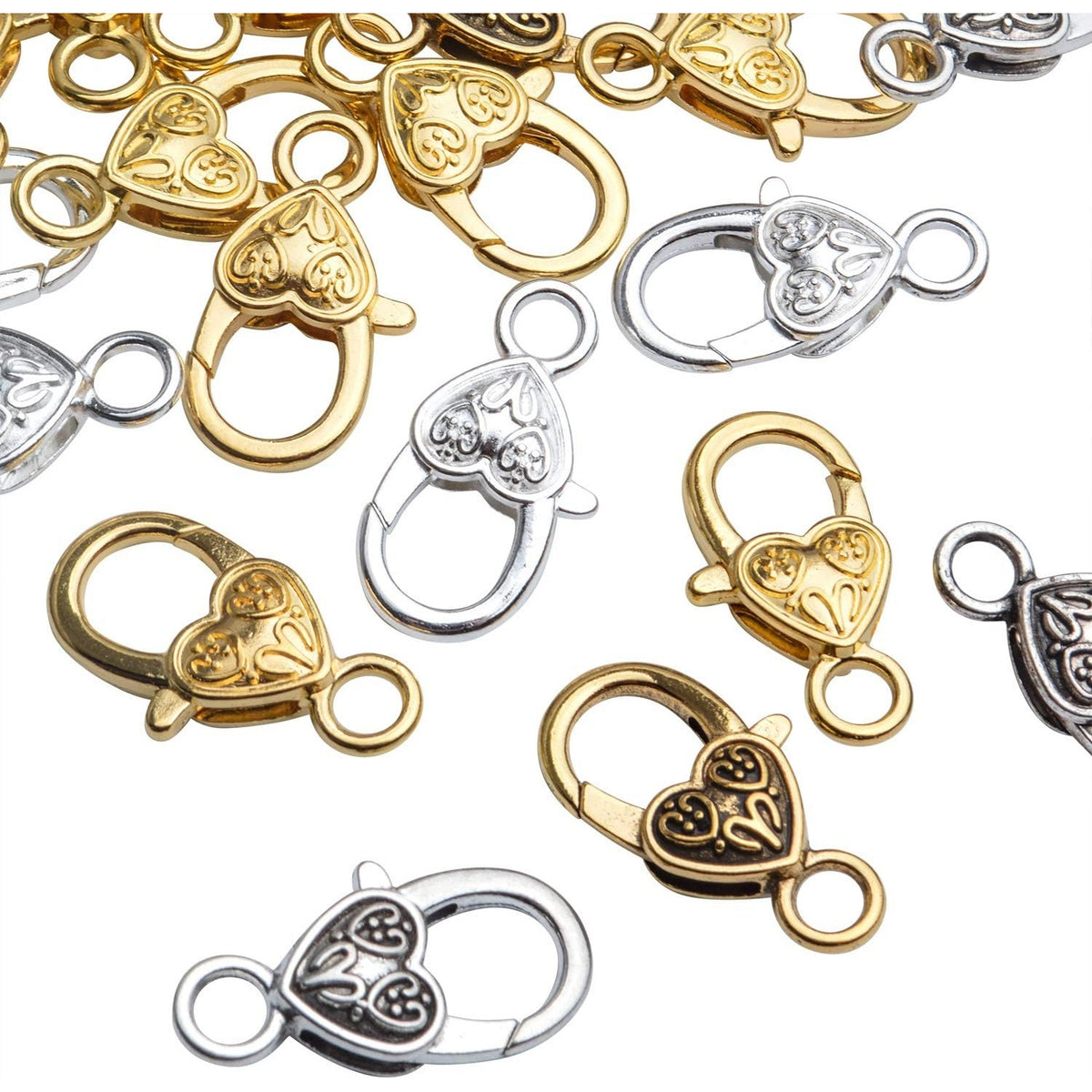 Tibetan Alloy Lobster Claw Clasps, 40pcs - Vintage Antique Heart Shaped Hooks for Jewelry Making, 4 Colors, 26x14mm