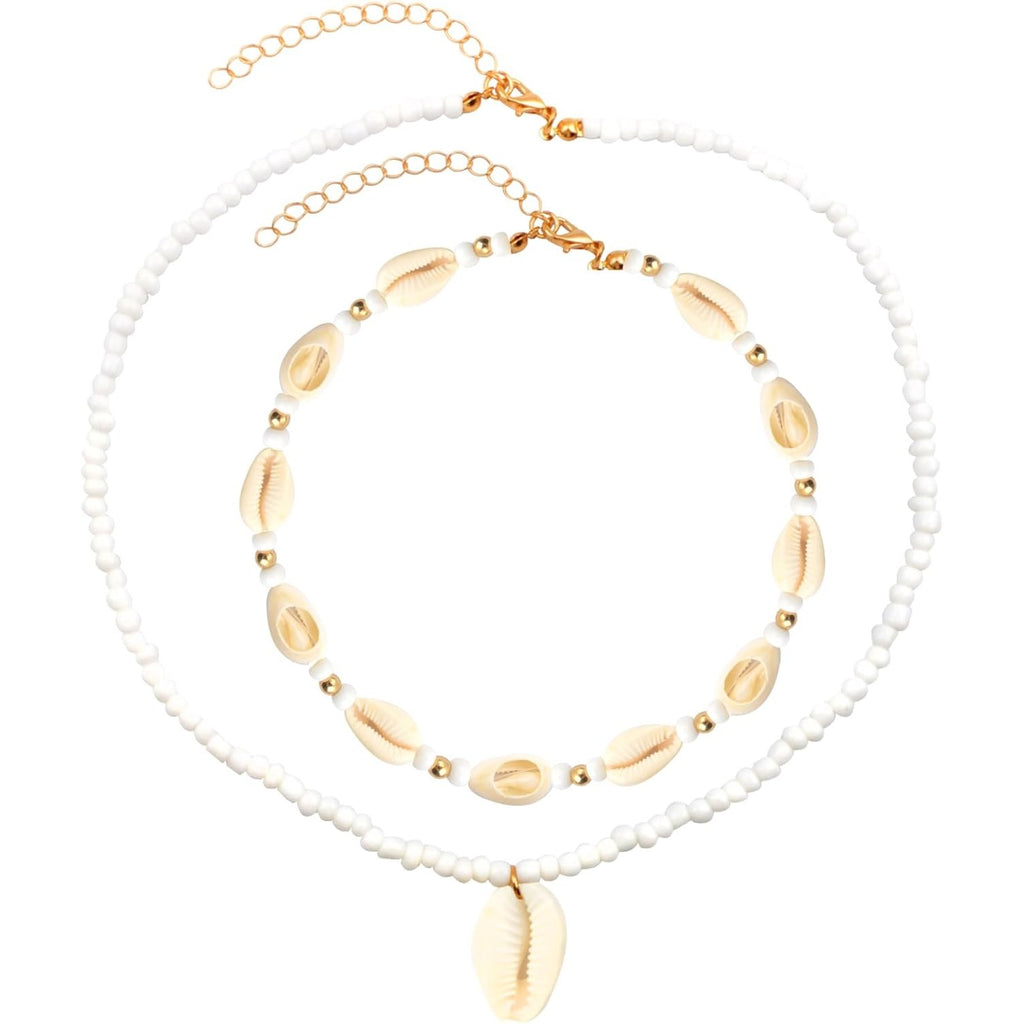 2pcs Handmade Beach Seashell Necklaces Natural Shell Rice Beads Adjustable Hawaiian Summer Boho Beach Beaded Collar Choker Necklace Jewelry for Adults Teens Women Gifts