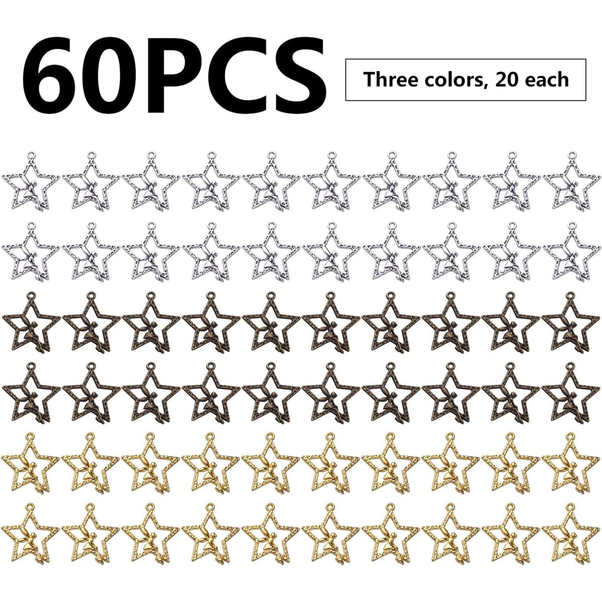 60pcs Fairy Charm Pendants Alloy Angle Charms Fairy on Star Charms Craft Supplies for DIY Earrings Necklace Bracelet Jewelry Making and Crafting Accessory, 3 Colors