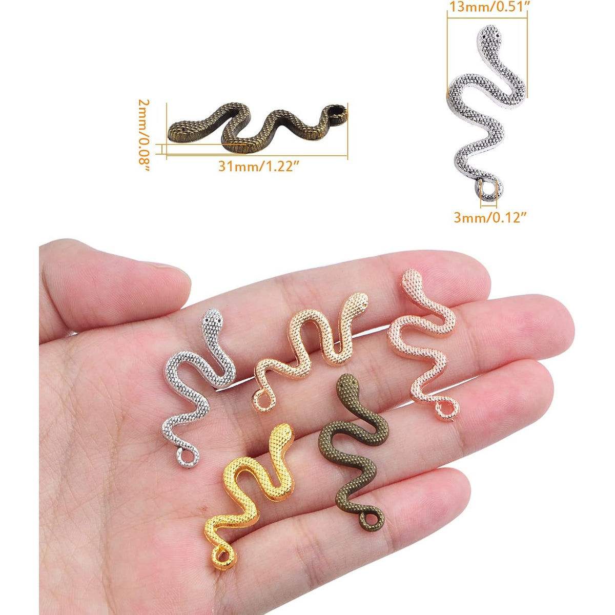 50pcs 5 Colors Animal Snake Pendant Charms Vintage Alloy Snake Shaped Dangle Pendants Craft Supplies for DIY Necklace Bracelet Jewelry Making Decoration
