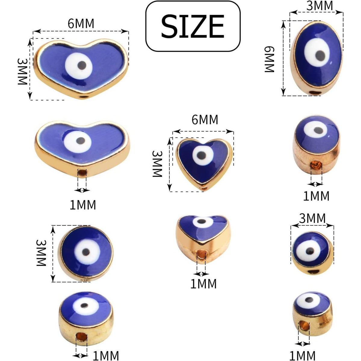 Blue Evil Eye Beads,30pcs Alloy Evil Eye Spacer Beads Round Heart Oval Evil Eye Beads Charms Gold Plated Evil Eye Beads Bulk for DIY Bracelet Necklace Crafts Jewelry,1-6mm Diameter