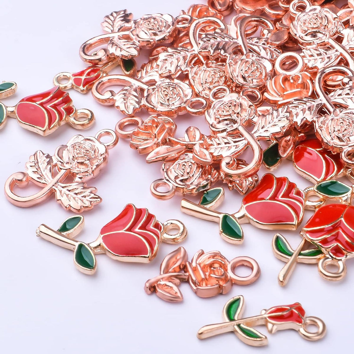 30pcs Enamel Rose Flower Charm Pendants Lovely Dangle Charms for Valentine's Day DIY Bracelet Necklace Earrings Jewelry Making, Red