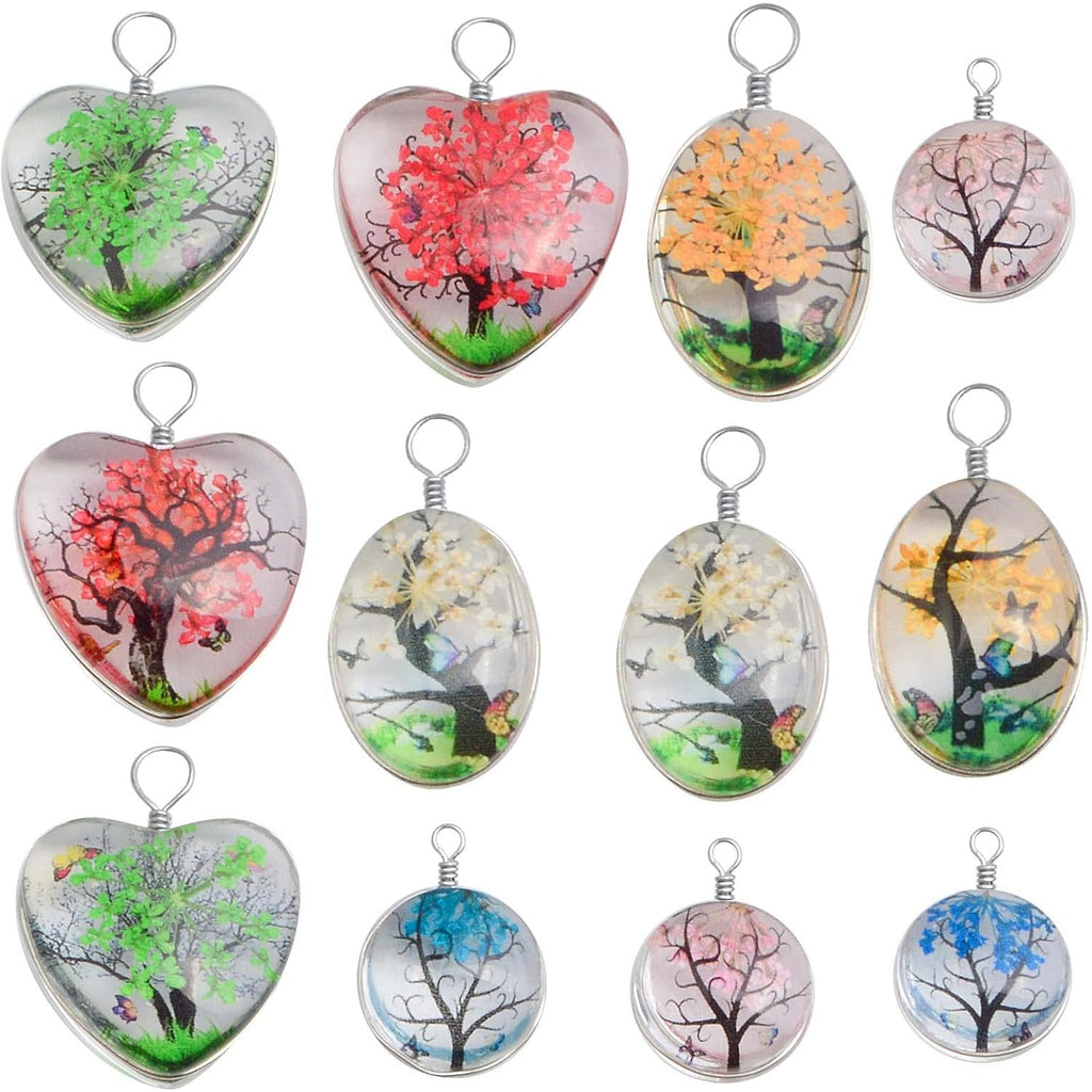 12pcs Mixed Dried Flower Glass Charms Colorful Resin Pressed Flower Life Tree Plant Floating Pendant Charms with a Box for DIY Necklace Bracelet Jewelry Making, 3 Styles