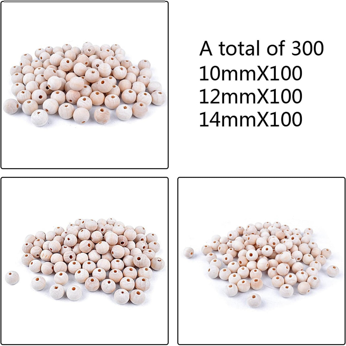 300pcs Natural Color Round Ball Wood Spacer Beads Jewelry Findings Charms(3 Sizes:10mm, 12mm and 14mm)
