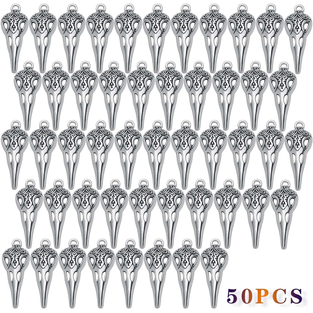 50pcs Antique Silver Skull Bird Head Charms Tibetan Style Alloy Raven Bird Skull Skeleton Pendant Charms for Halloween Witch Pagan DIY Jewelry Making