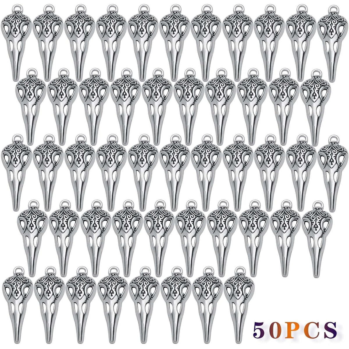 50pcs Antique Silver Skull Bird Head Charms Tibetan Style Alloy Raven Bird Skull Skeleton Pendant Charms for Halloween Witch Pagan DIY Jewelry Making