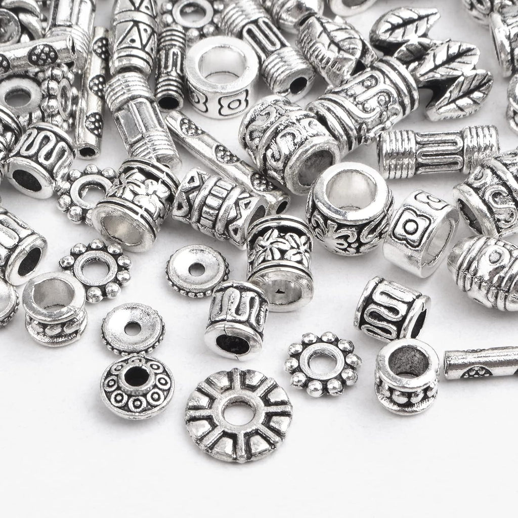 100 Gram Tibetan Antique Silver Spacer Beads Random Mixed Styles Alloy Flower Round Cone Column Loose Spacer Beads Accessories for DIY Crafts Jewelry Making Supplies