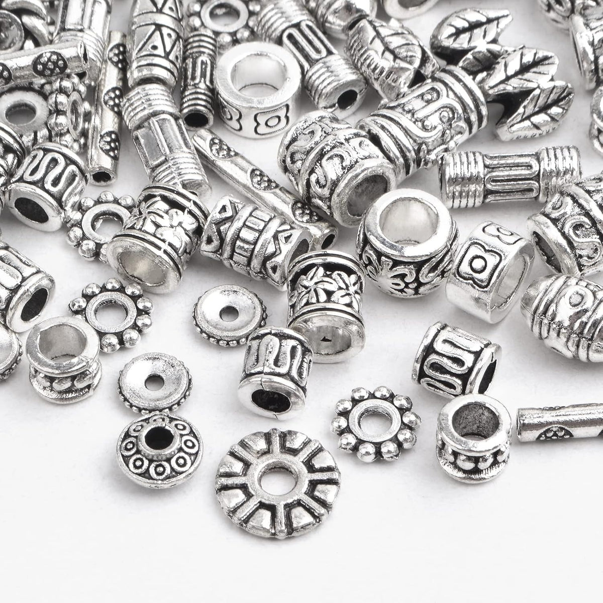 100 Gram Tibetan Antique Silver Spacer Beads Random Mixed Styles Alloy Flower Round Cone Column Loose Spacer Beads Accessories for DIY Crafts Jewelry Making Supplies