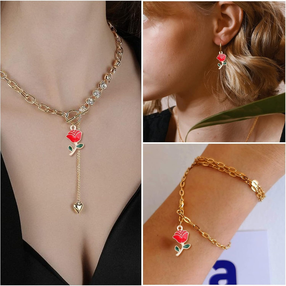 30pcs Enamel Rose Flower Charm Pendants Lovely Dangle Charms for Valentine's Day DIY Bracelet Necklace Earrings Jewelry Making, Red