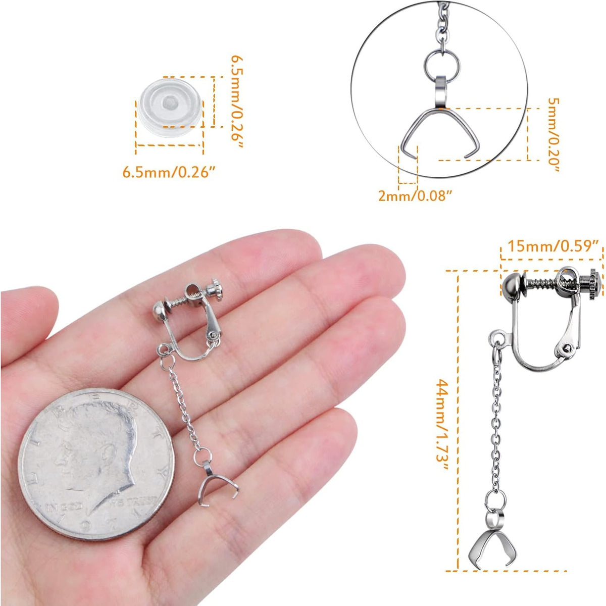 10pcs Hypoallergenic Stainless Steel Earring Hooks Screw Earring Clip Converters with Beaded Chains Pinch Clasps and 20pcs Clear Earring Backs for DIY Jewelry Making Findings