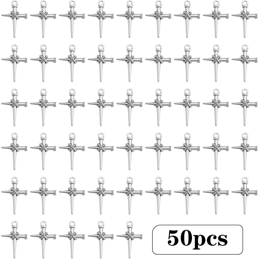 50pcs Antique Silver Jesus Cross Charms Alloy Religious Cross Crucifix Pendants Crucify Dangle Charms for DIY Necklace Bracelet Keychains Jewelry Making Crafting